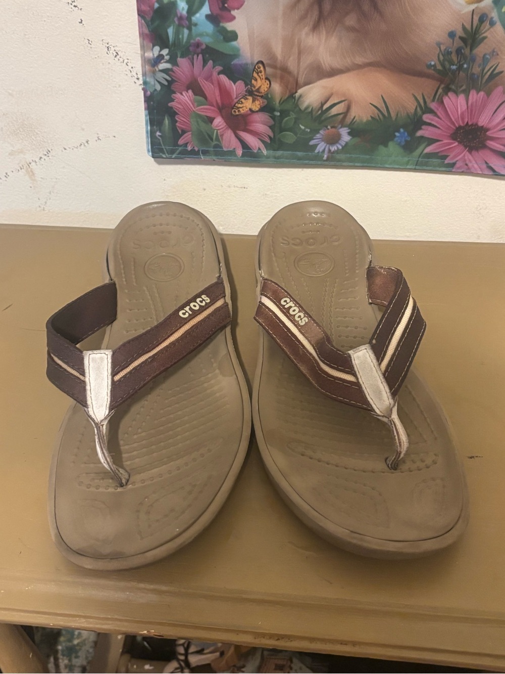 CROCS Brown and Tan Flip Thong Sandals